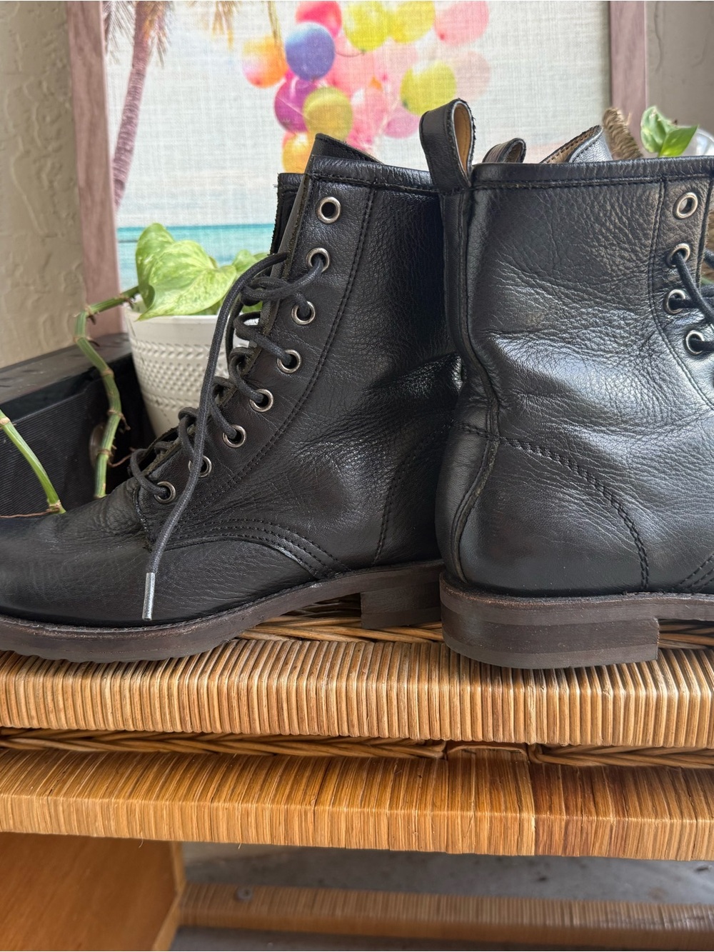 Frye Black Leather Lace-Up Combat Boots